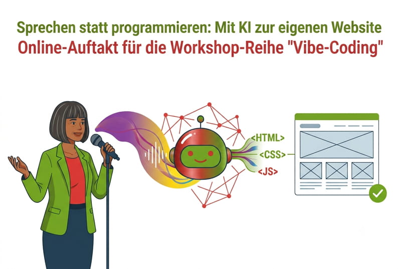 Illustration einer Frau, die per Mikrofon in eine KI spricht und eine fertige Website erhält.
