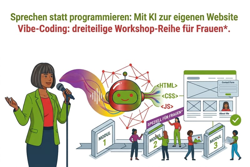 Illustration einer Frau, die per Mikrofon in eine KI spricht und eine fertige Website erhält.